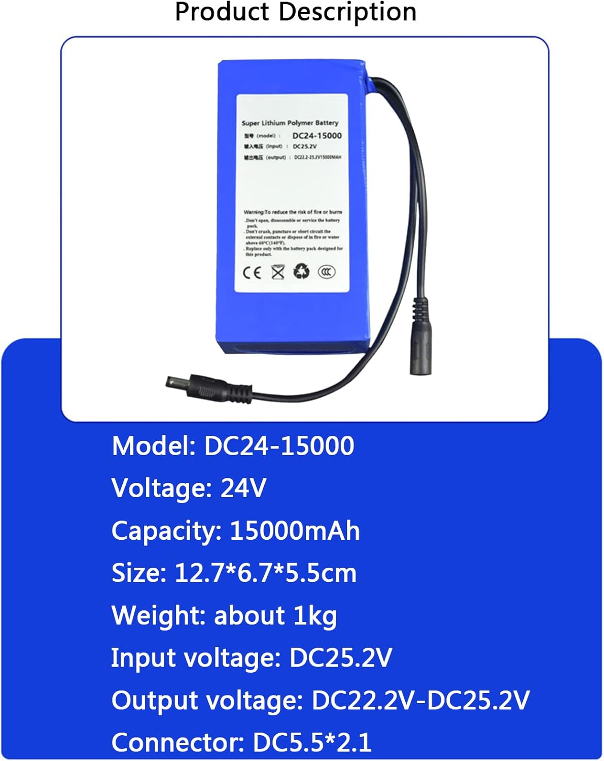 DC 24V Rechargeable Lithium-ion Battery Pack 15000mAh Portable Large-Capacity Lithium Polymer Battery with Charger Fit for Electric Toys Outdoor Lighting Xenon Lights LED Strips, etc.