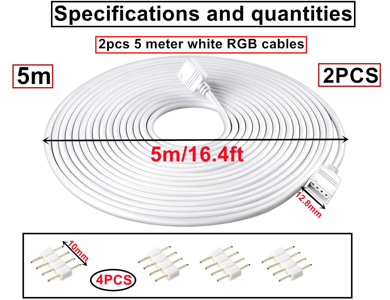2pcs 5m Cable Alargador Tira LED,RGB LED Strip Extension Cable,4 Pines Cable Extensión Cinta,Conectores adecuados para tiras LED RGB Blanco