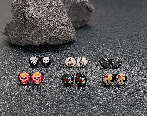 SIISPRI 6Pairs Skull Pattern Punk Rock Stud Earrings Mens Earrings Set Hypoallergenic Surgical Stainless Steel Round Circle Button Stud Post Earrings 10MM (Black) by SIISPRI - Used condition - Image 5