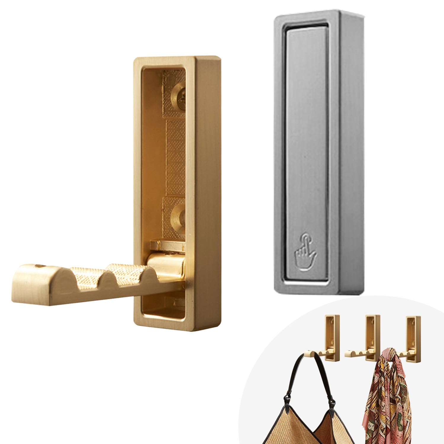 atnayo 2 Packs Door Hooks, Folding Wall Hook, Robe & Bath Towel Hooks, Silver+gold