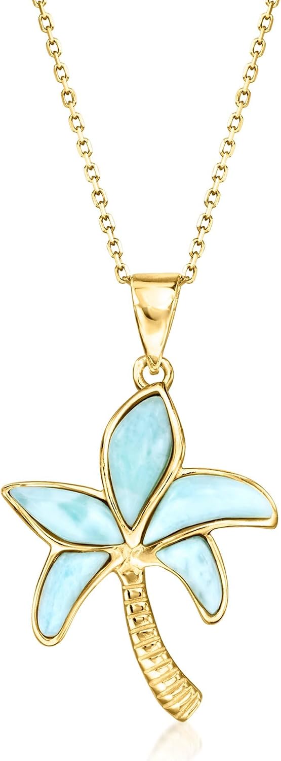 Ross-Simons Larimar Palm Tree Pendant Necklace in 18kt Gold Over Sterling. 18 inches