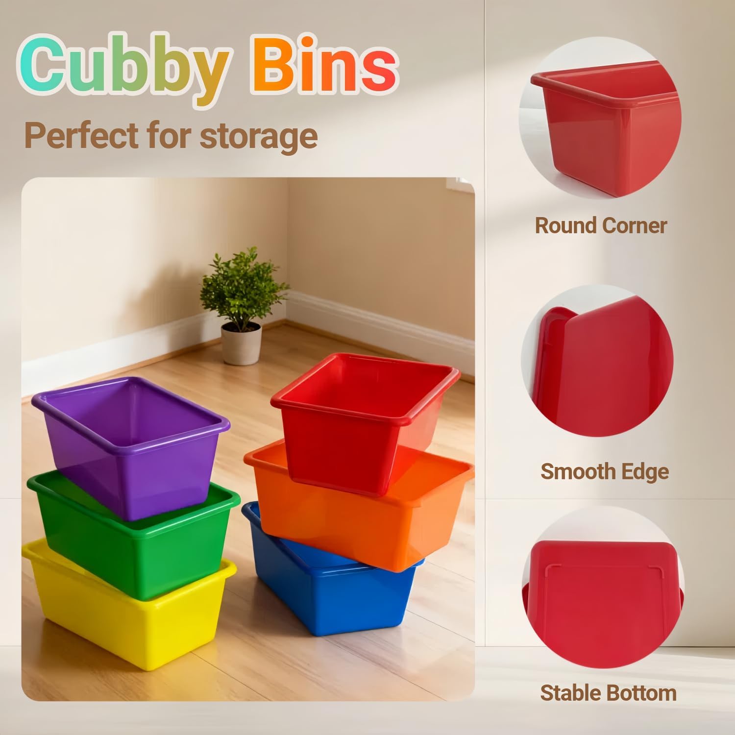 RAUVOLFIA 6 Pack Small Cubby Bin Storage Bins, Multi-Purpose Plastic Storage Bins Stackable Organizer Storage Cubbies for Home, Playroom, Classroom (Rainbow)