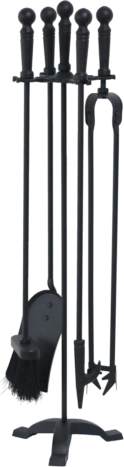 VODA 5 Pieces Fireplace Tools Set 29.13in(74cm) Cast Iron Black Fireplace Accessories for Indoor and Outdoor Fireplace Tool Sets Log Shovel Brush Tong and Fireplace Poker 29.13 Inches