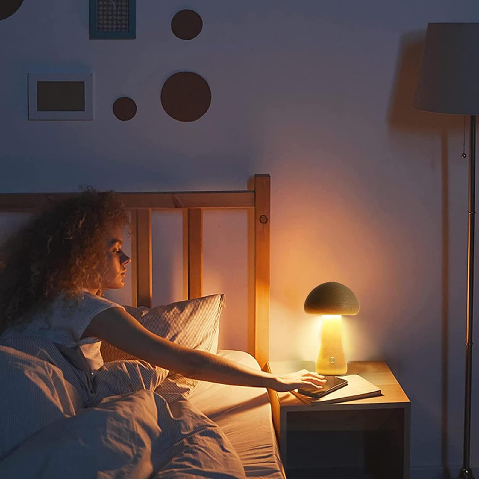 Paddestoellamp Voor Slaapkamer, Draadloze LED-aanraaklamp Aan Het Bed, Draagbare Dimbare Tafellamp Met USB-oplader Voor Nachtkastje In De Slaapkamer(Walnoot kleur
