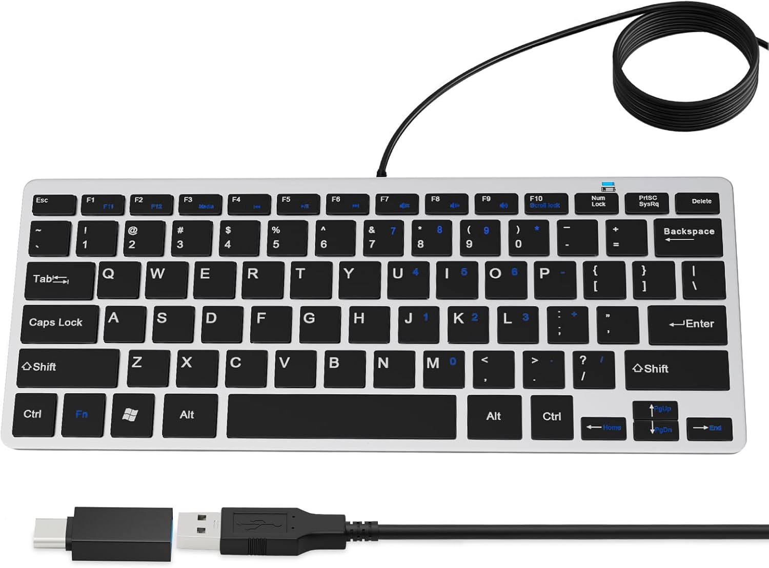 Ultra-Slim 78-Key USB Mini Wired Keyboard with Media Hotkeys for Apple Mac and Windows PC, Silver Black