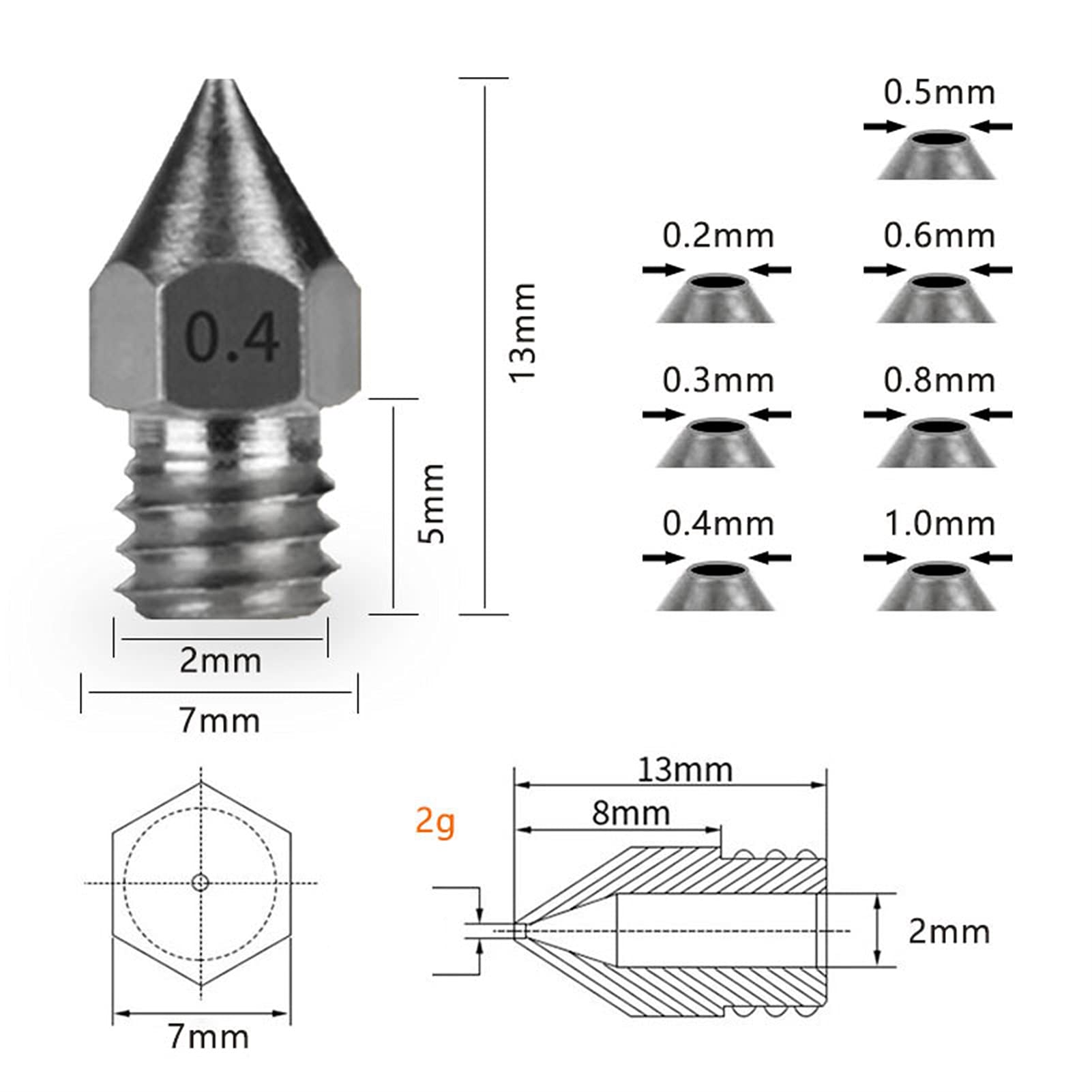 7 Stück MK8 Düse aus gehärtetem Stahl, 1,75 Verbrauchsmaterialien, mit Schriftzug, 0,2–1,0 mm, 3D-Druckerzubehör, kompatibel mit den meisten Hochtemperaturdruck-Verbrauchsmaterialien auf dem Markt