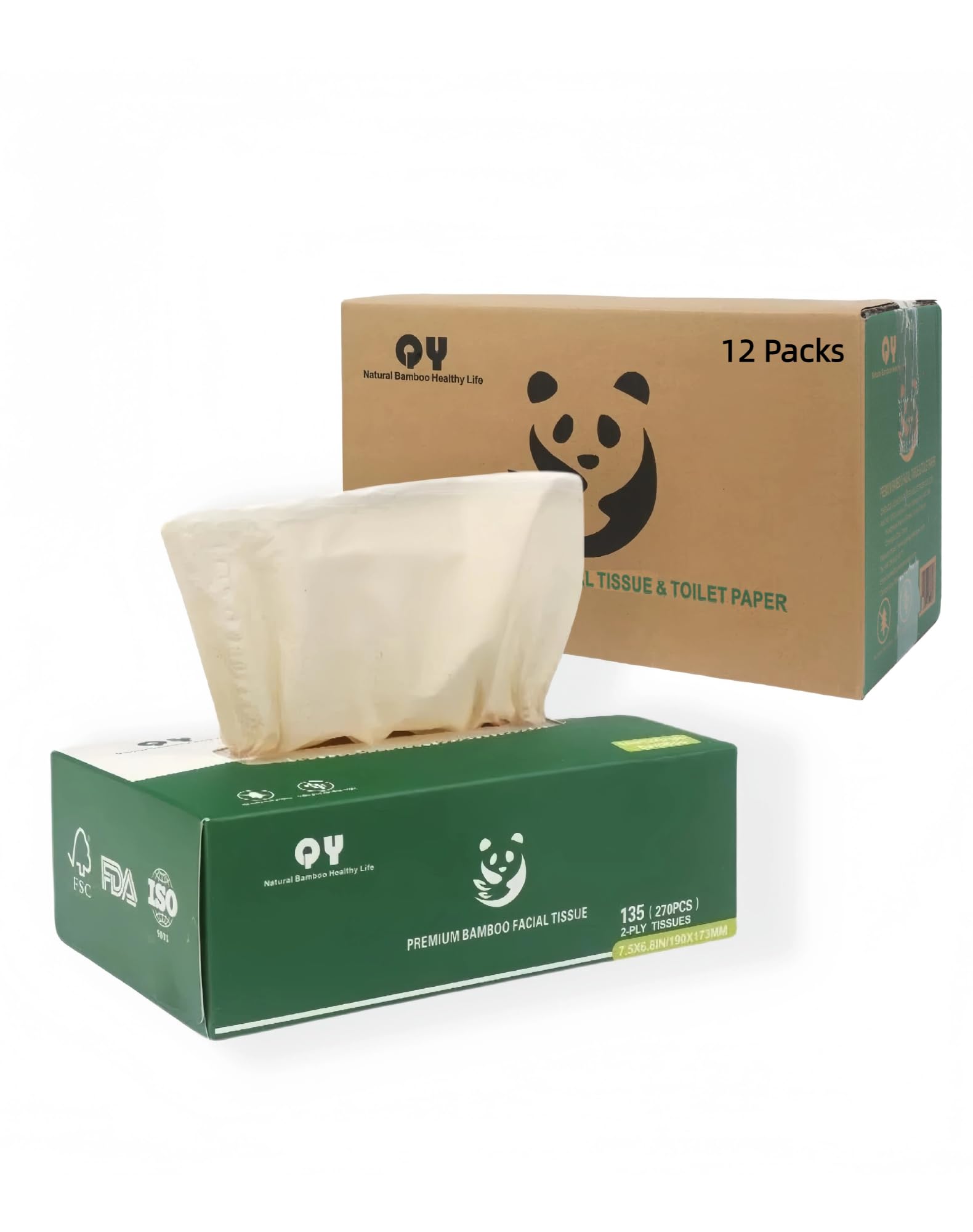 Bambus Taschentücher Box 12 Packungen – 135 Tücher pro Box, 2-lagig, ungebleicht und plastikfrei – Weiche Kosmetiktücher aus nachhaltigem Bambus für sensible Haut, hohe Reißfestigkeit, großes Volumen