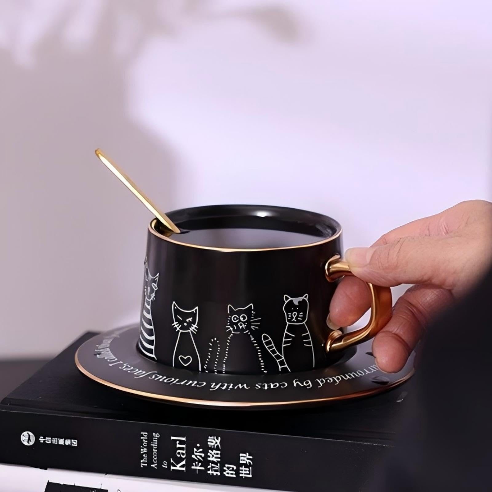 Ceramic Cat Design Coffee Cup and Saucer Set, Black Mug With Plate, Classic Cup for Milk, Juice, Latte, Tea, Cappuccino, Mocha