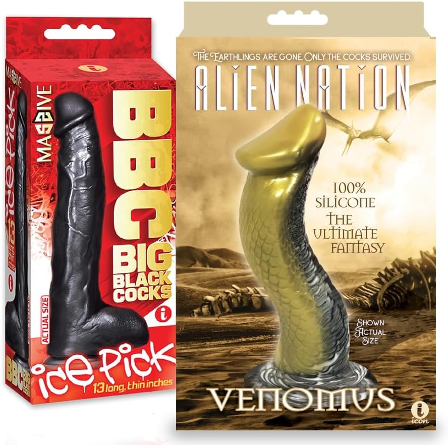 Adult Sex Toy Bundle of Big Black Cock Ice Pick 13 Inch Dildo and Icon Brands AlienNation Venomus Silicone Creature Dildo - Gold