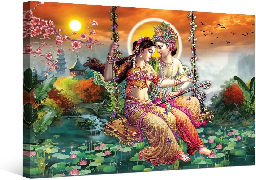 1 Panel Flute Hindu Religious Pictures Wall Decor Lord Radha Krishna Canvas Paintings Bedroom Decor Wall Art Hindu God Ganesha Modern Home Decor Posters and Prints Framed Ready to Hang 12X16 INCH Radha Krishna-4 15.7"L x 0.6"W