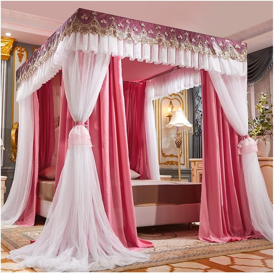 1.8M/6FT European-Style Bed Canopy Mosquito Net, Square Bed Curtains Adult Girls Boys Bedroom Decor, Metal Stand (Color : Pink-2, Size : 180X200X200CM)