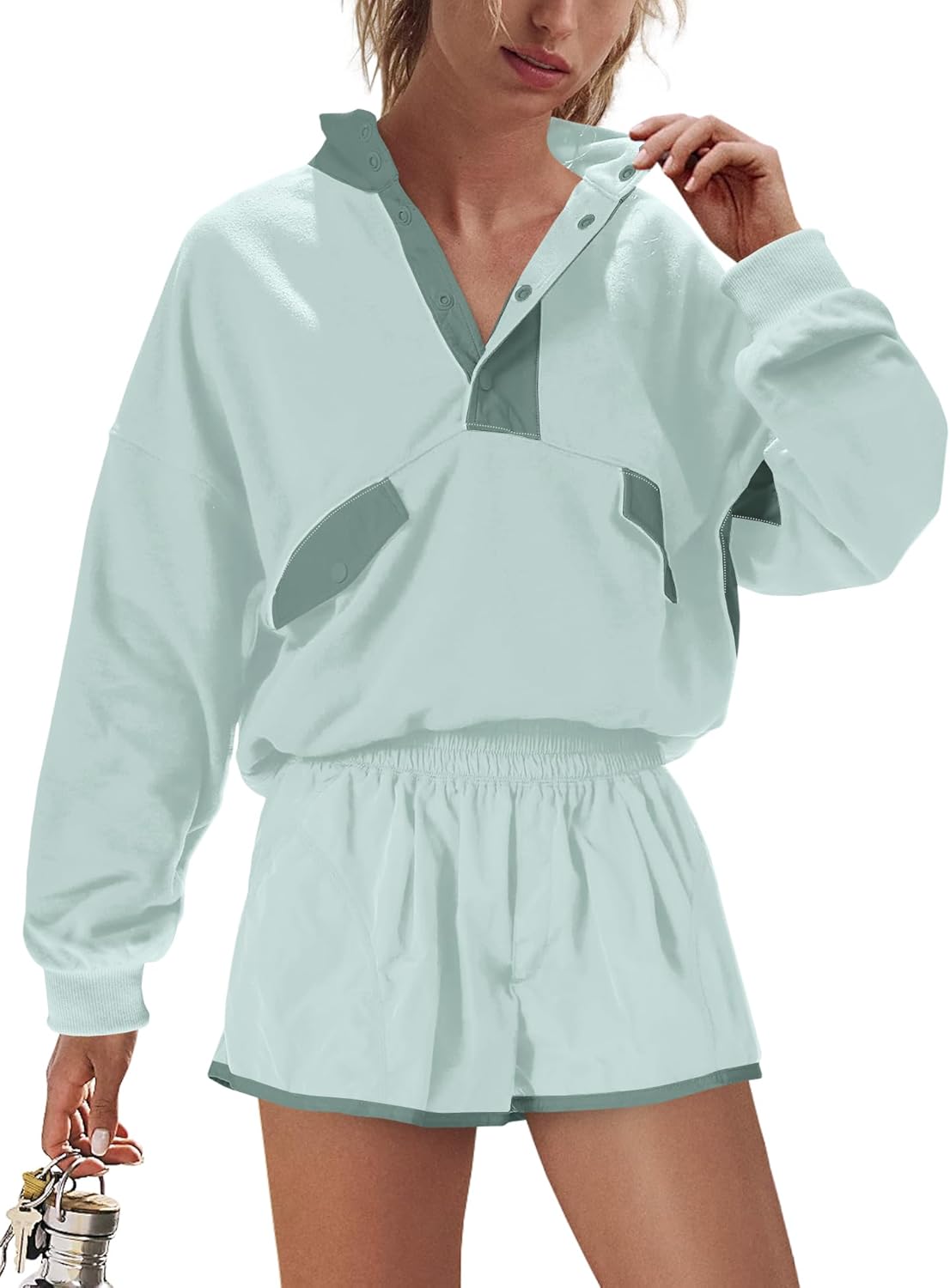 LAMISSCHE Work out Sets Gym for Women Sweatsuits 2 Piece Set Long Sleeve Top & Shorts Active Wear Sets with Pockets