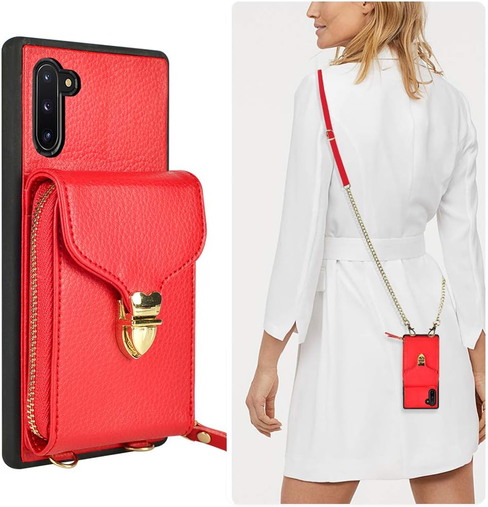 JLFCH Wallet Case for Samsung Galaxy Note 10, 6.3 inch, Galaxy Note 10 Crossbody Case with Card Slot Holder Wrist Strap Purse Lanyard Handbag Zipper Protective - Red