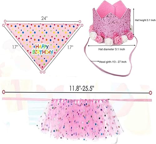 Miniatura 4 de MERCRI Traje rosa de cumpleaños para perro, sombrero de corona para mascotas con 0-9 figuras, falda tutú de lunares para cachorro y bandana,