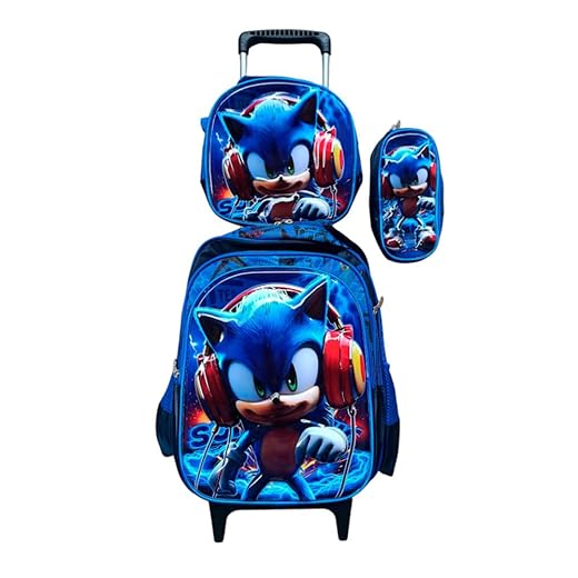 Mochila Infantil Sonic Kit Mochila do Sonic Fone em 3D com Rodinhas Escolar Infantil + Lancheira Térmica + Estojo em Alto Relvo Escolar