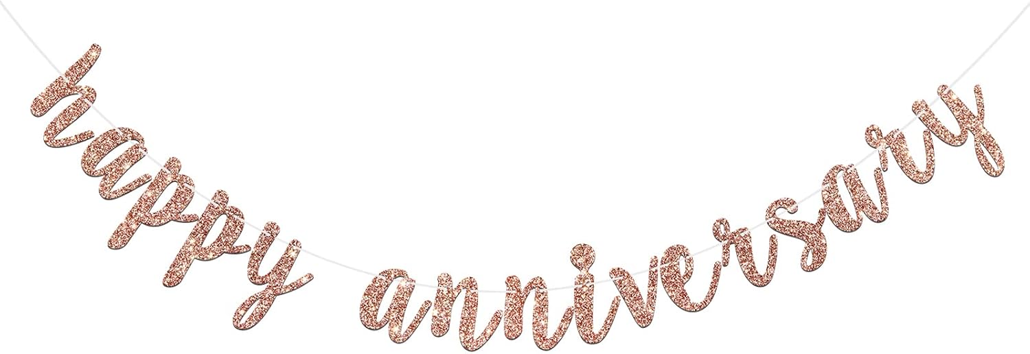 Happy Anniversary Banner for Birthday/Wedding Anniversary/Retirement Anniversary Party Decoration Supplies (Rose Gold Glitter)