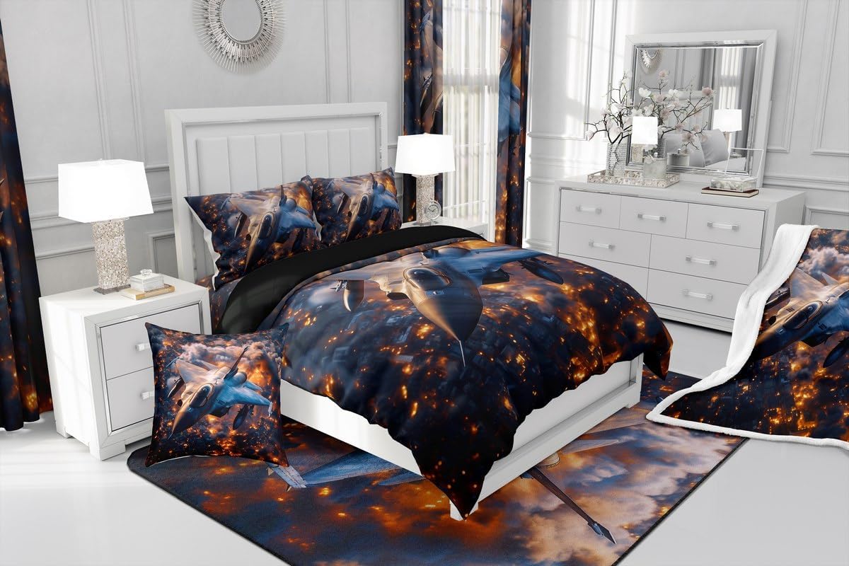 Aircraft Kids Comforter Sets Twin,Boys Girls Military Fighter Aircraft Bedding Comforter Sets,Boys Adult Quilt Sets for Bedroom Decor,Military Flying Vehicle Duvet Insert with 1 Pillowcase