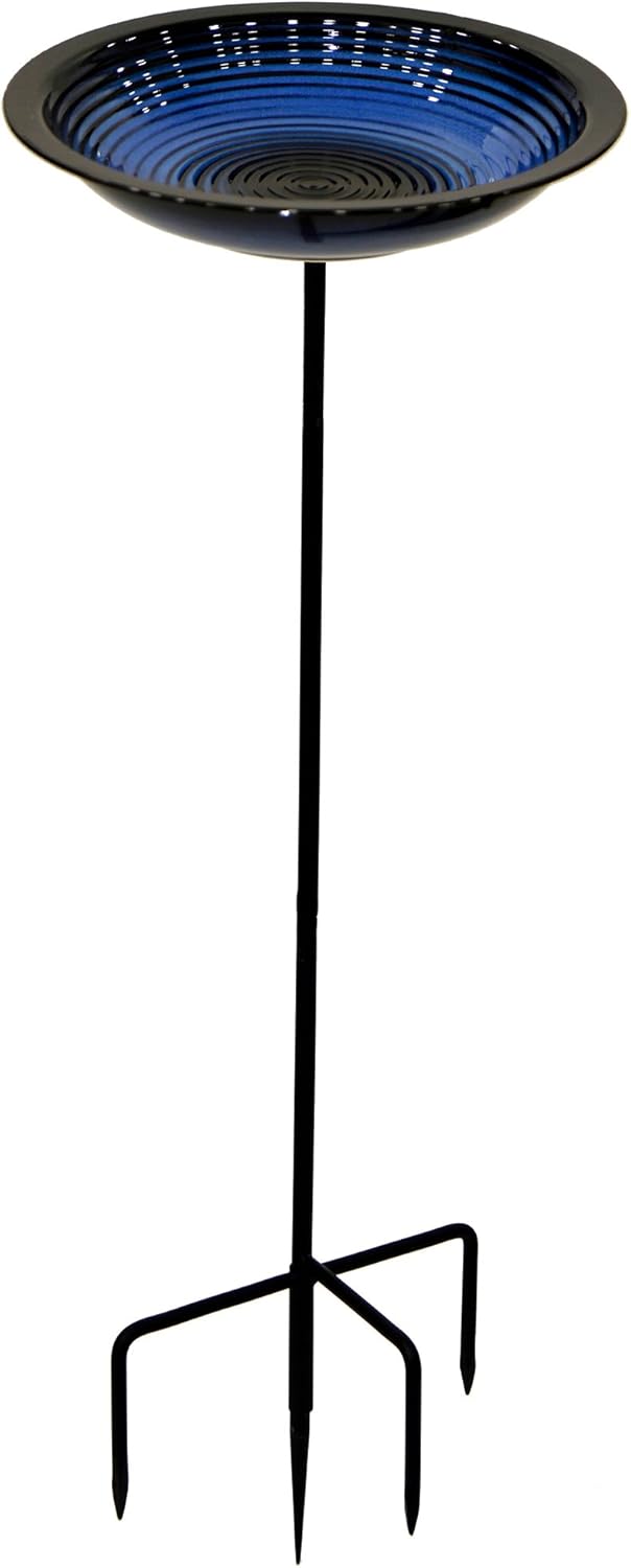 BYER OF MAINE Circles Post Bird Bath, Outdoor Garden and Patio Decor, Porcelain, Glaze Finish, Steel Mounting Post, Outside Bird Pond Fountain, 14"x14"x30", Cobalt Blue