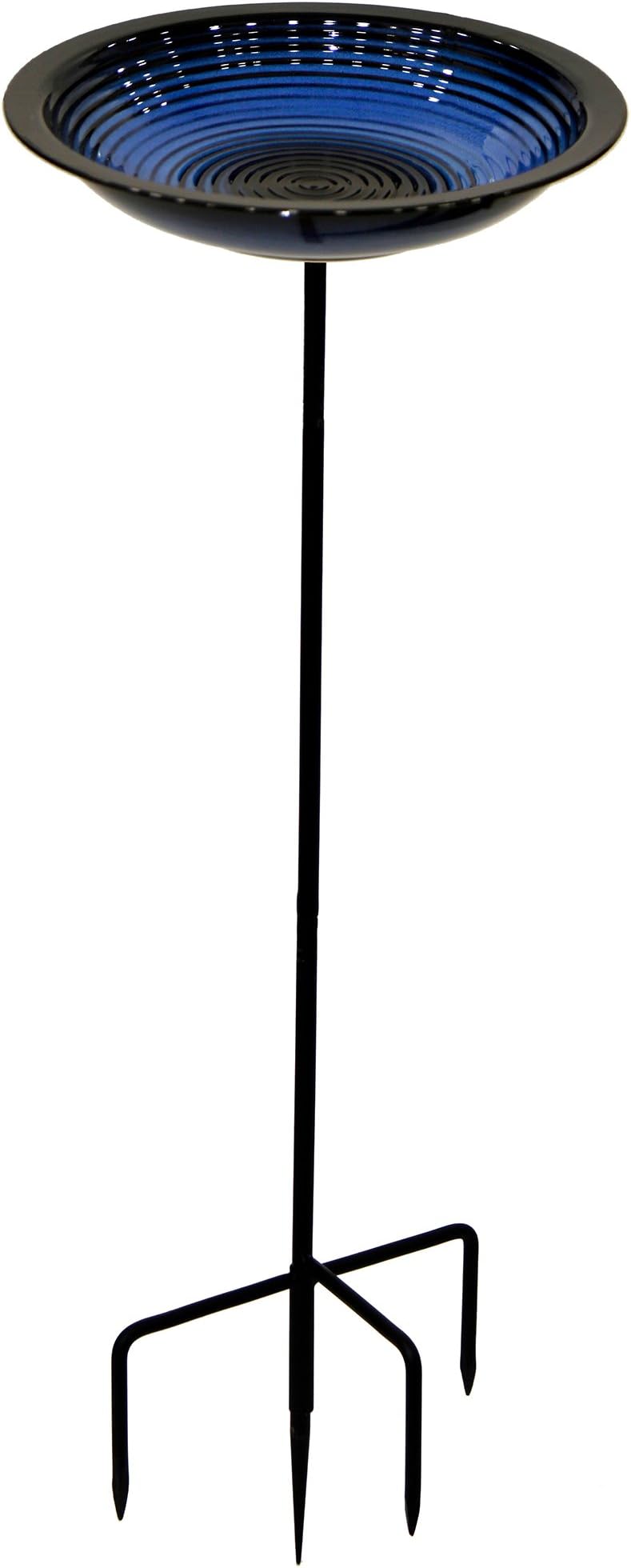 BYER OF MAINE Circles Post Bird Bath, Outdoor Garden and Patio Decor, Porcelain, Glaze Finish, Steel Mounting Post, Outside Bird Pond Fountain, 14"x14"x30", Cobalt Blue