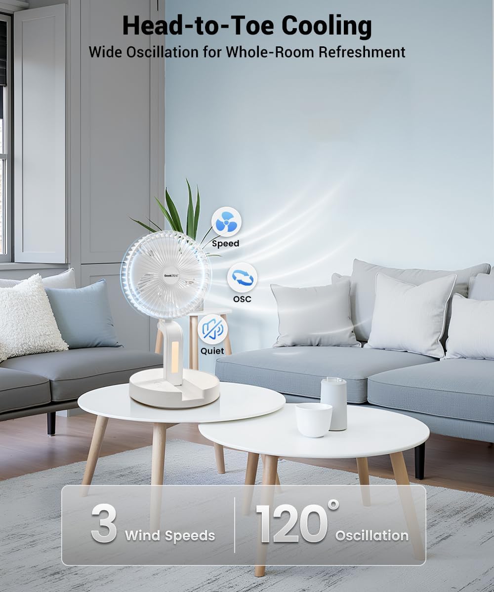 Geek Aire Personal Cooling Fan that Blow Cold Air, Portable Rechargeable Desk Fan with LED, Oscillating Standing Table Fans, Battery Powered Floor Fan for Bedroom, Travel, Dorm, Cruise RV Essentials