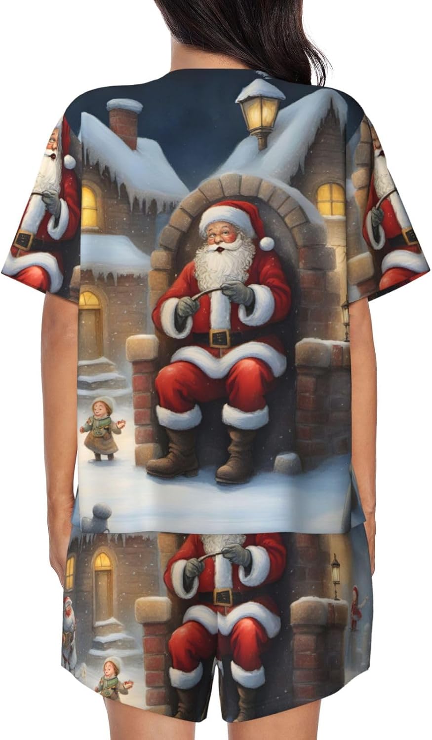 Santa Claus Snow Secenry Print Short Sleeve Pajama Set,Soft Comfy Pjs For Women,Perfect For Sleep And Loungewear
