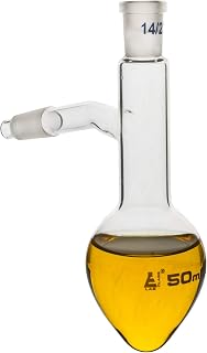 EISCO Distilling Flask, 50ml - 14/23 Joint & Side Socket Borosilicate Glass, Pear Shape Short Neck- Eisco Labs
