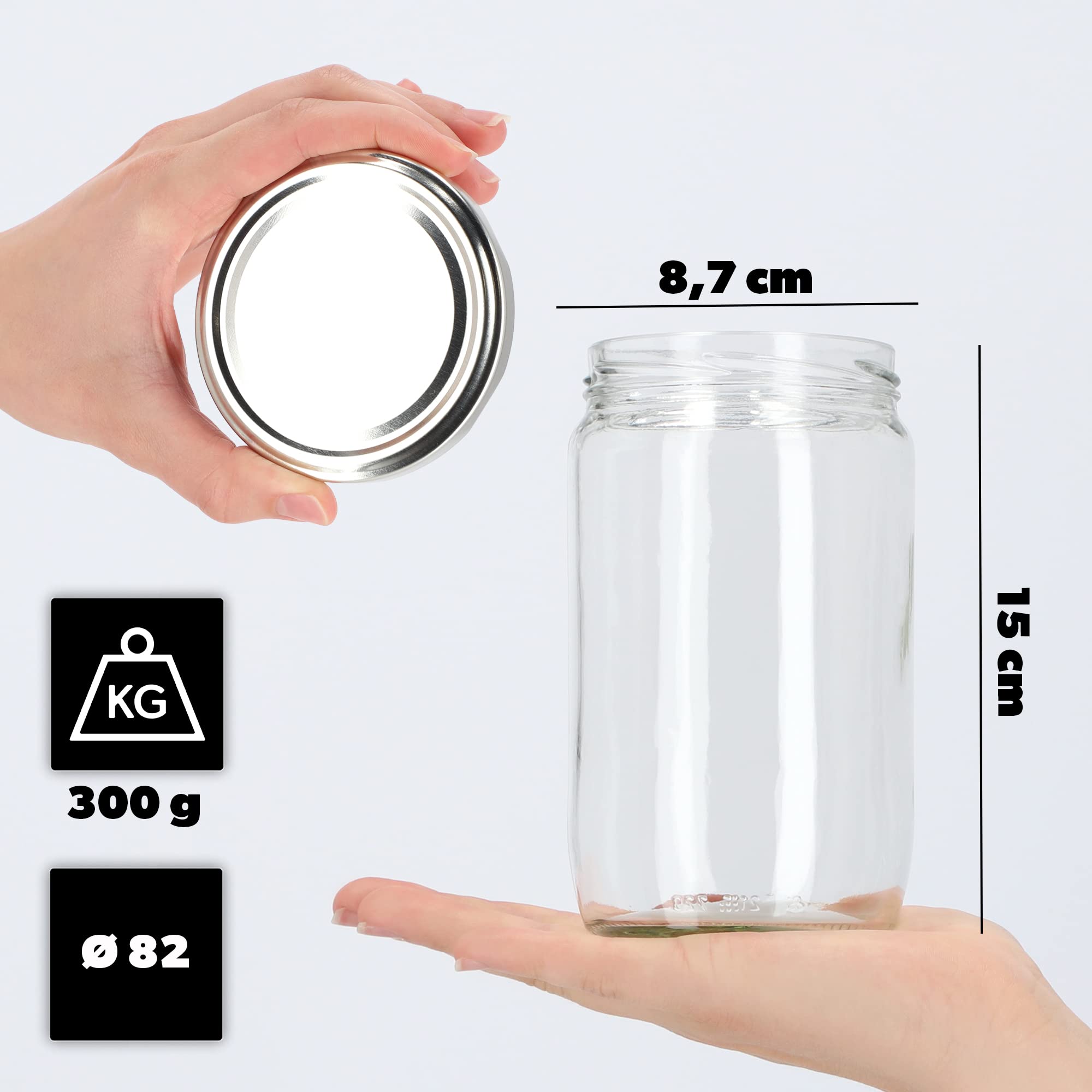 KADAX Set di 8 Grandi barattoli in Vetro 720ml Ø82 Argento – Tappo a Vite ermetico, per Conserve, sottaceti, Verdure lacto-fermentate e marmellate Fatte in casa