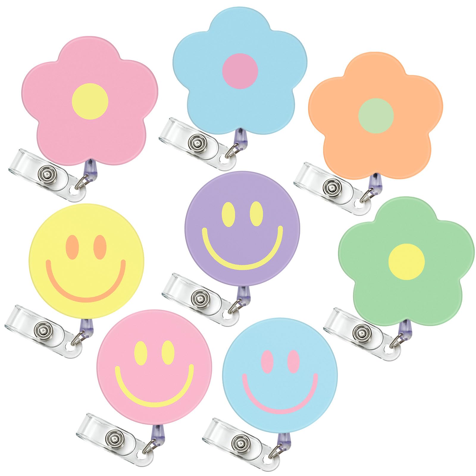 Whaline 8Pcs Macaron Flower Smile Face Badge Reel with Clip Retractable Cord Pastel Floral ID Badge Reel Hippie Name Tag Badge Holder for Office Nurse