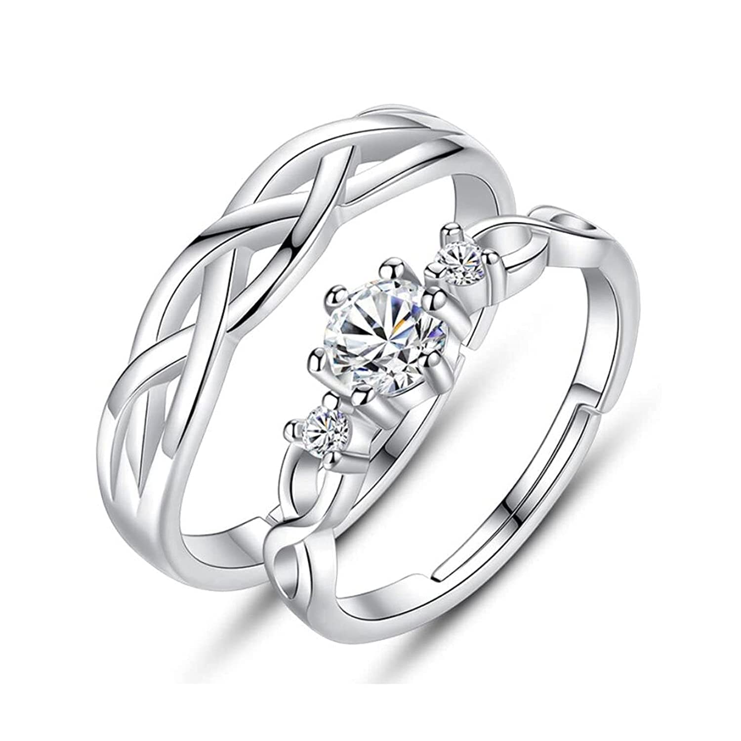 GenericDe-Ultimate Silver Color Valentine's Day Stainless Steel Crystal Adjustable Size King And Queen Single Diamond Stone Romantic Rope Design Couple Finger Rings With Red Box