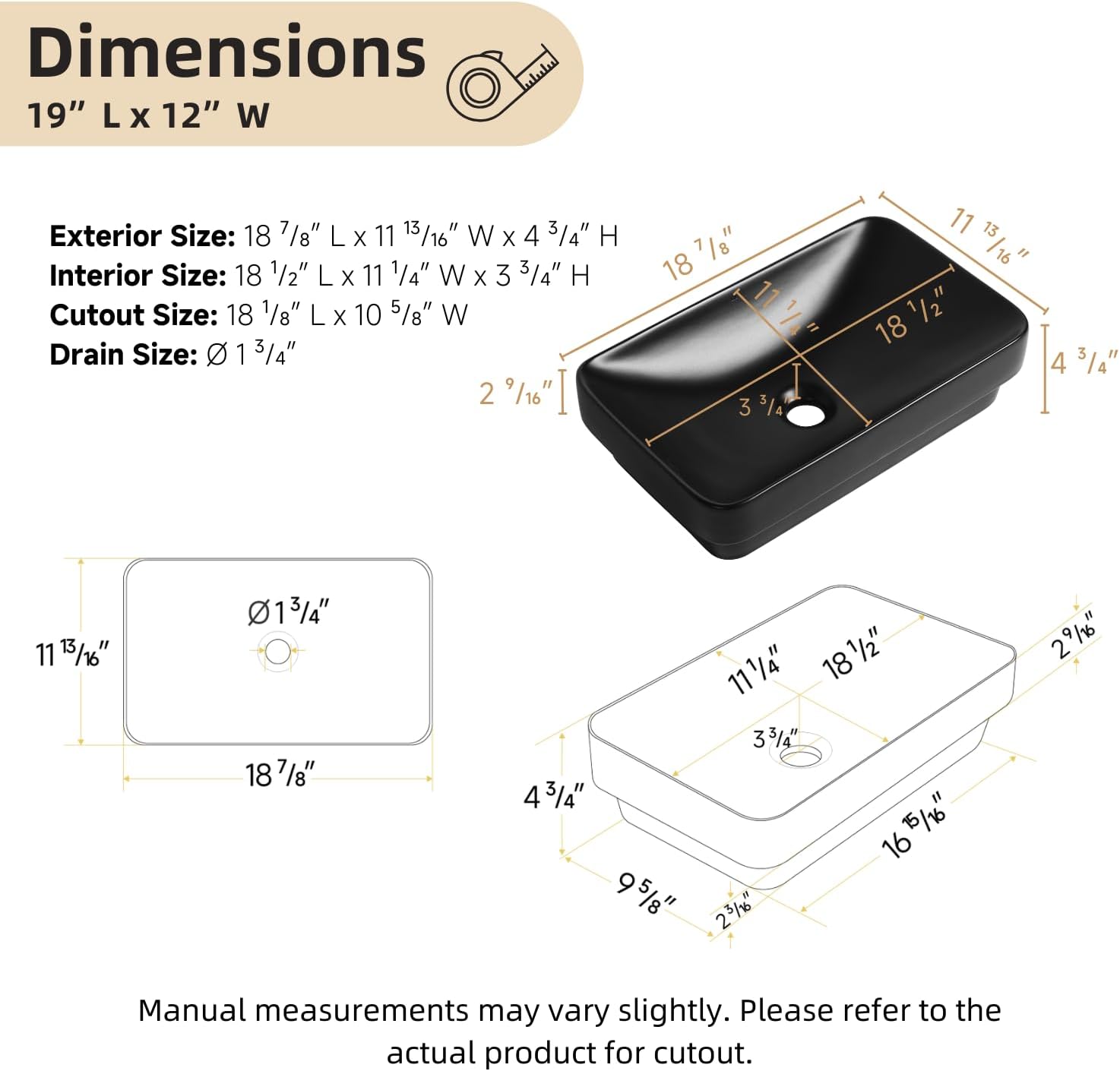 19"W x 12"D Matte Black Rectangular Drop In Bathroom Sink, Semi-Recessed Ceramic Vessel Sink with Pop-Up Drain, Modern Sink Bowl for Bathroom Vanity