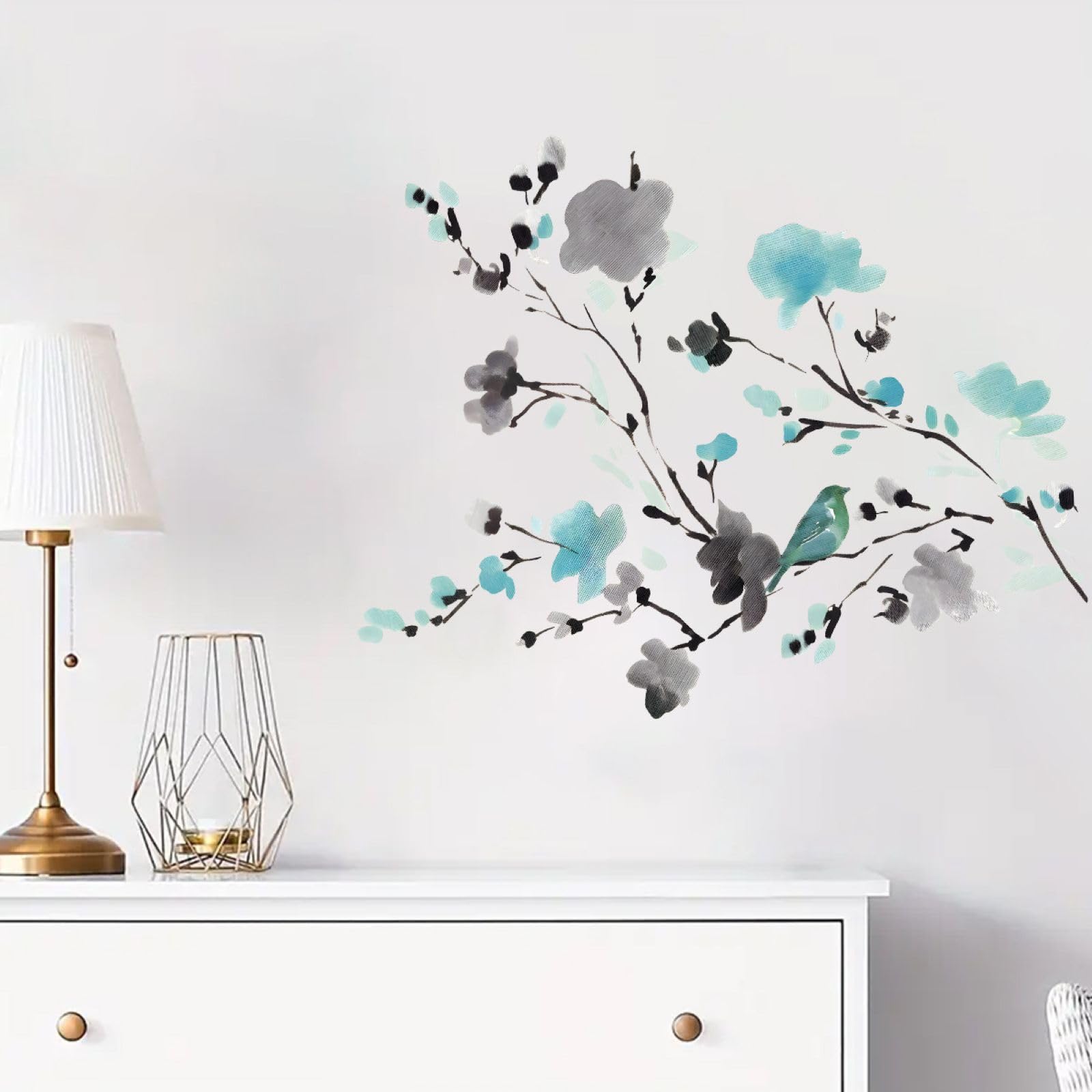 FUFUQUARE Floral Beach Wall Sticker Blue Chinese Ink Flowers Wall Art Decals Peel and Stick Waterproof Decorations for Bedroom Living Room Sofa TV Background Playroom