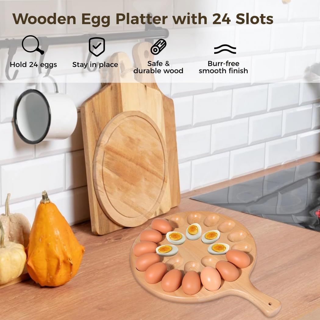 12 Wooden Egg Tray & Charcuterie Board, 2-in-1 24-Slot Serving Platter with Handle for Parties & Kitchens