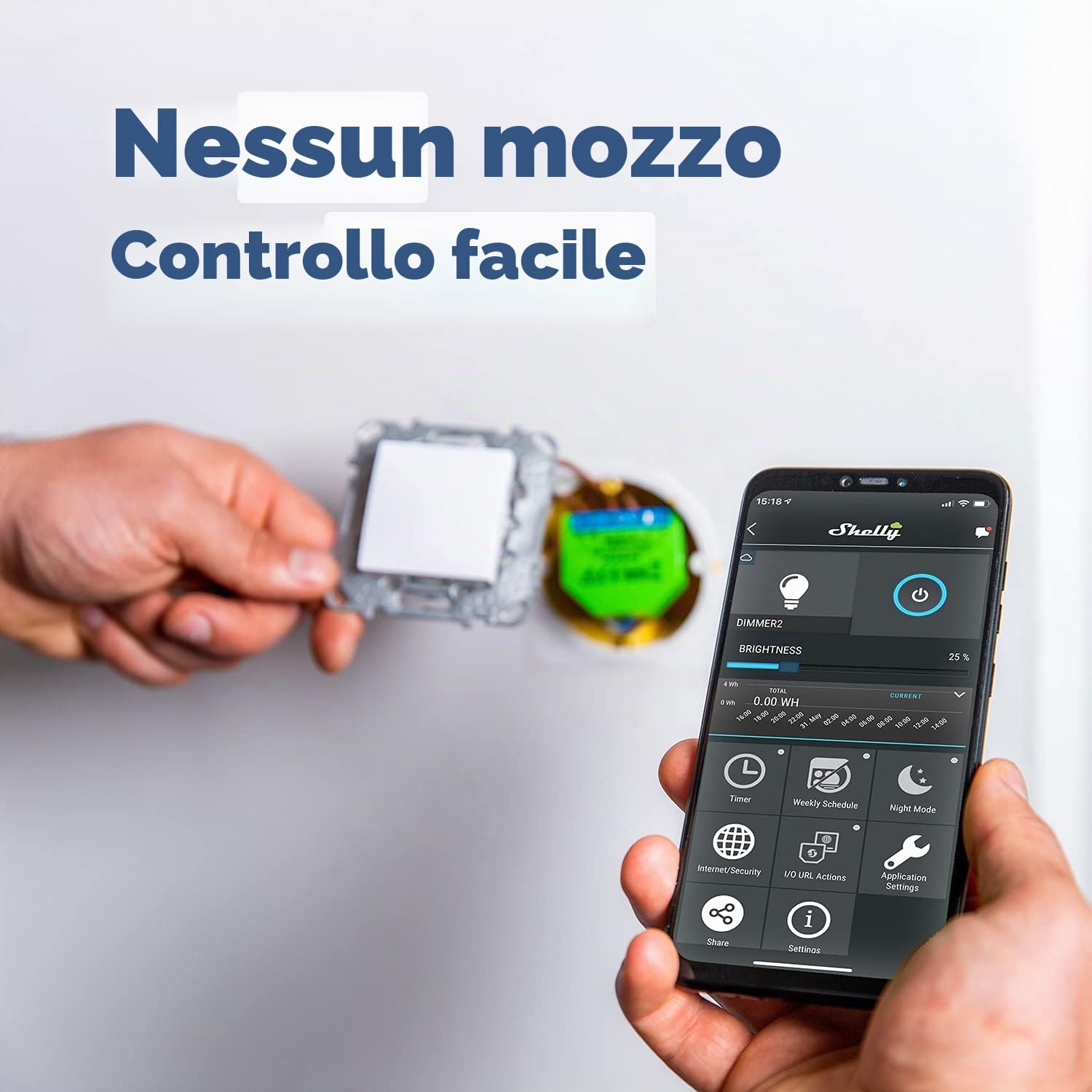Shelly DIMMER 2 Dispositivo Wi-Fi per il Controllo di Luci Alogene, LED, Trasformatori Ferromagnetici Dimmerabili, Supportati da un’Alimentazione di 110-230V, Verde
