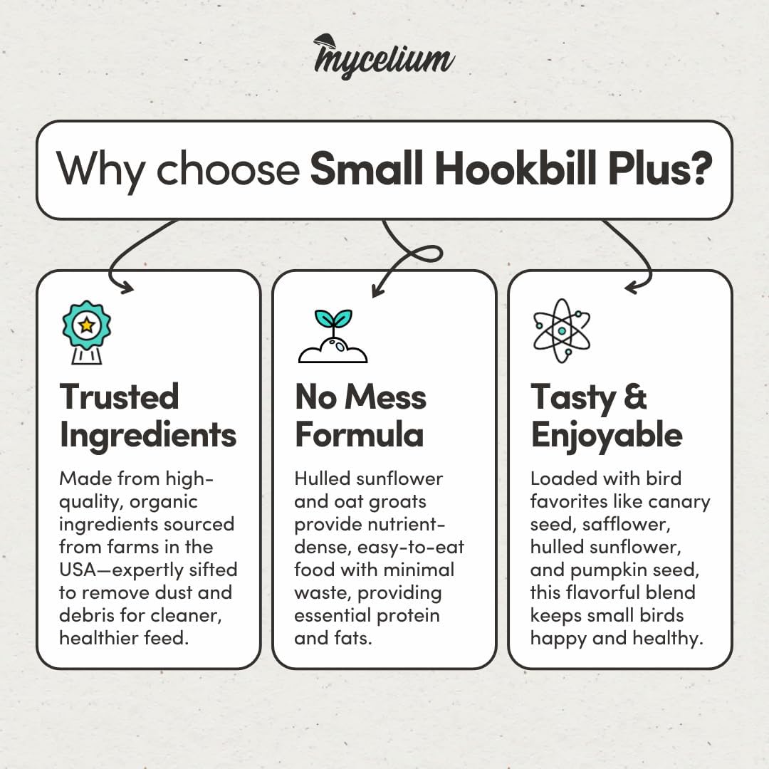 Mycelium Organic Small Hookbill Plus Feed (5 LBS) | High-Protein Bird Food for Parrotlets, Lovebirds, Cockatiels & Conures | Brain & Heart Support | Omega-Rich, Vitamin-Fortified | Non-GMO, USA Made