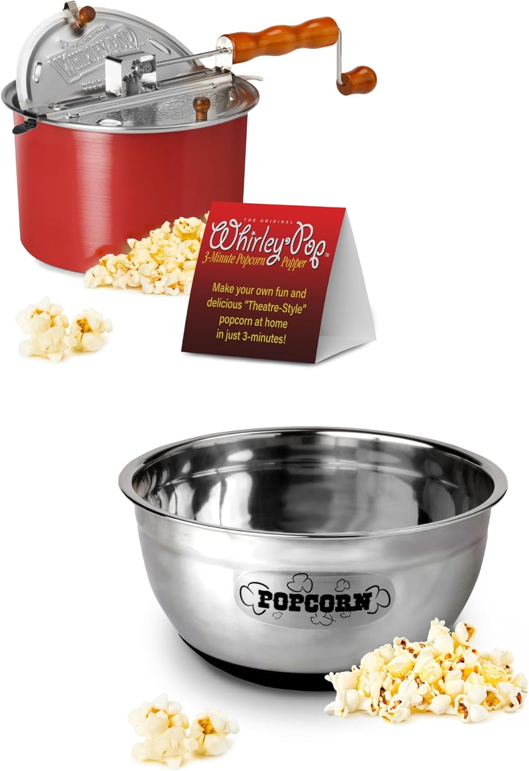 Original Whirley-Pop Popcorn Popper - Nylon Gear - Red andStainless Steel Popcorn Serving Bowl - Wabash Valley Farms 8 Quart Stainless Steel Large Popcorn Bowl