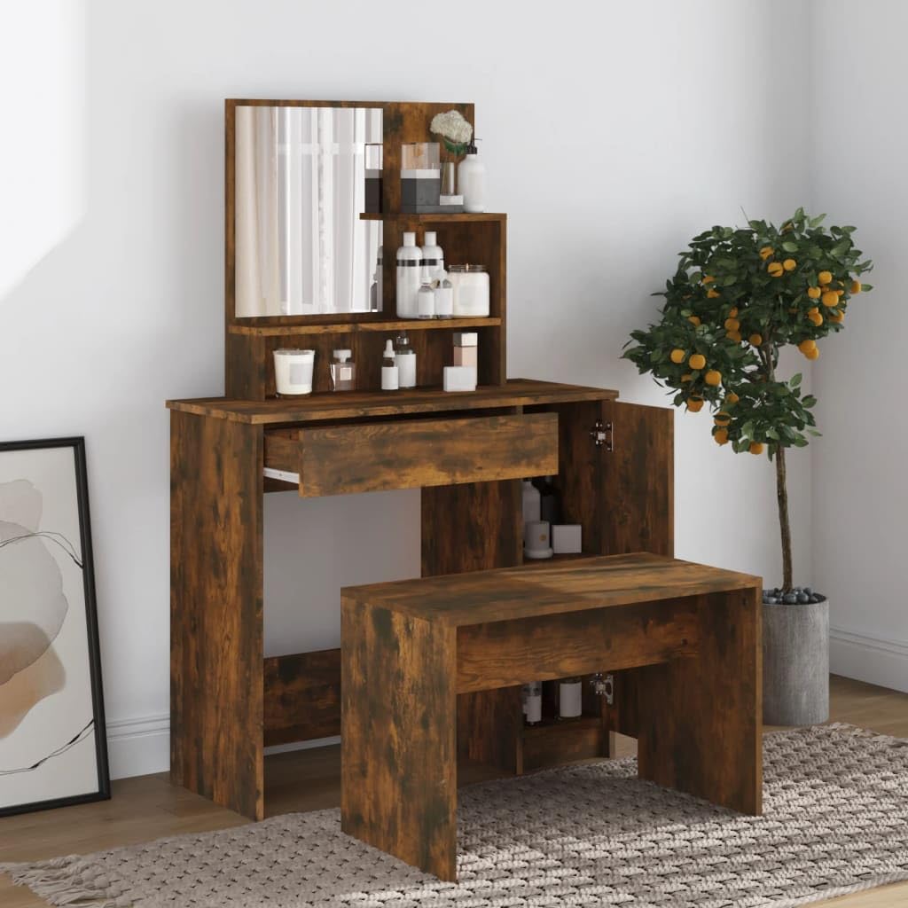 Set Tavolo da Toeletta Rovere Fumo con Specchio e Sgabello, 86,5x35x136 cm, Mobiletto con Cassetto e Portaoggetti, Consolle Salvaspazio per Camera da Letto, Organizzatore Trucco e Make up