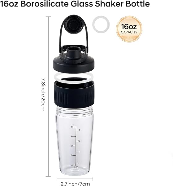 16oz Glass Shaker Bottle for Protein, Small Borosilicate Glass Protein Powder Leak-Proof Shaker Cup Mixes with 304 Blending Ball(16oz,Black) - 3