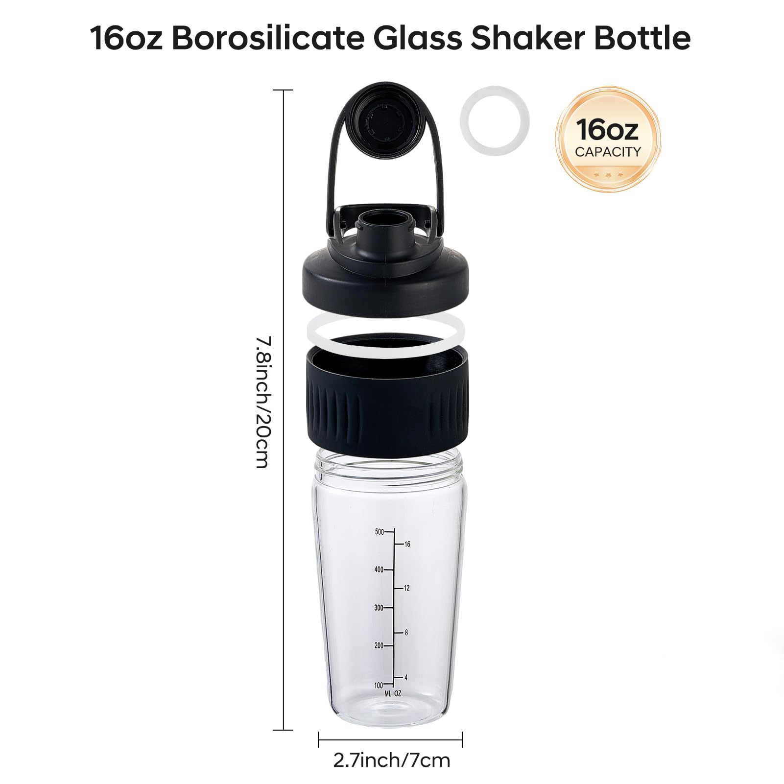 16oz Glass Shaker Bottle for Protein, Small Borosilicate Glass Protein Powder Leak-Proof Shaker Cup Mixes with 304 Blending Ball(16oz,Black) - 4