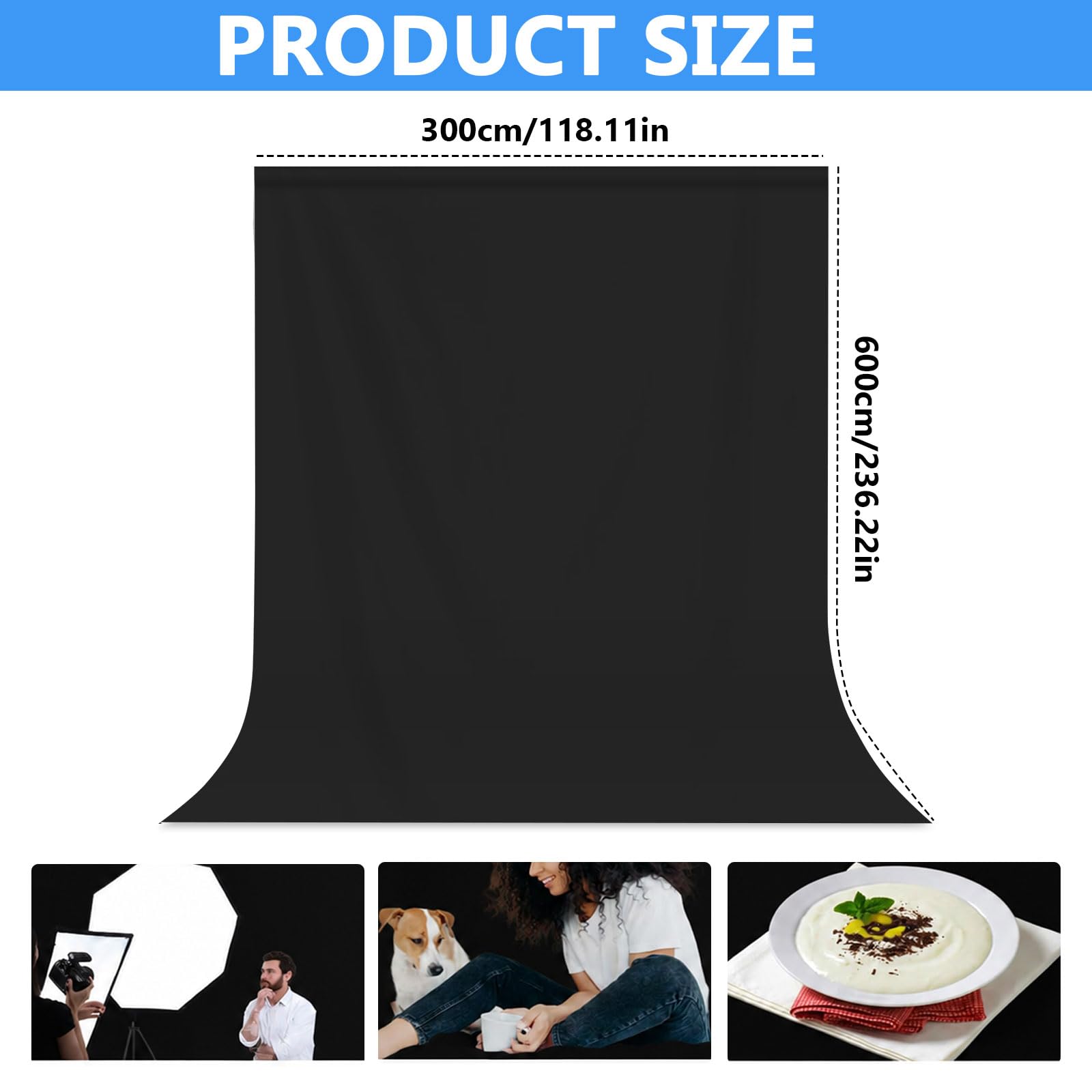 Sfondo fotografico bianco, 3 x 3 m, pieghevole, in poliestere, lavabile, per studio fotografico, riprese fotografiche, video, TV, fotografia alla moda (nero, 3 x 6 m)