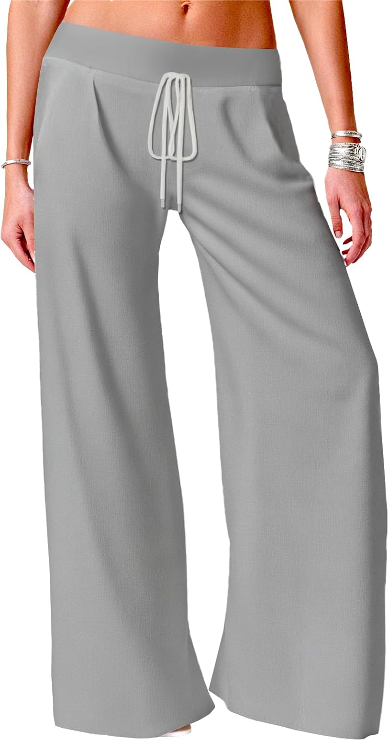 Lightweight Pants for Summer Women Drawstring Wide Leg Pants with Pockets Lounge Tr...