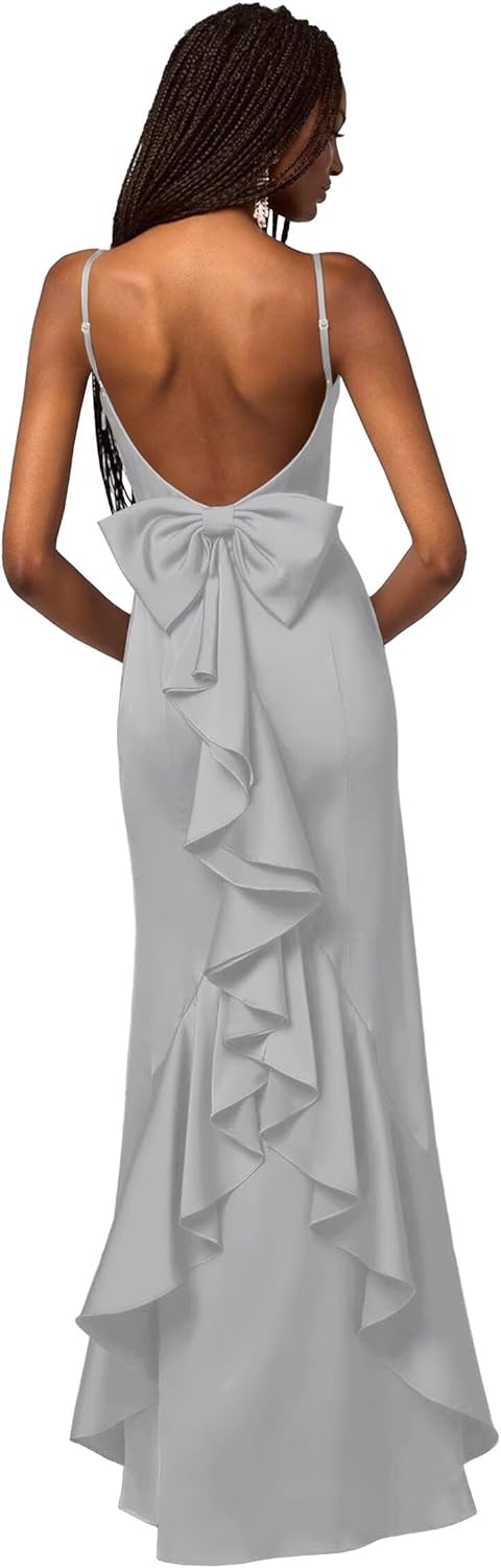 Spaghetti Straps Satin Bridesmaid Dress for Women Ruffles with Bow Long Formal Evening Dress