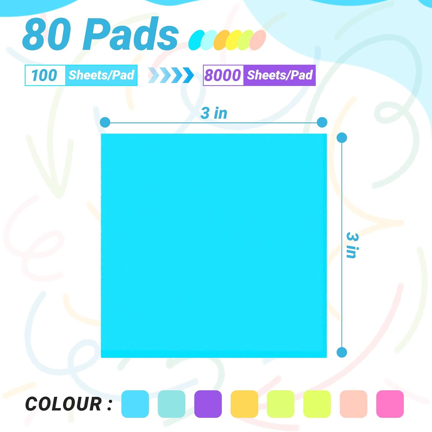 Sticky Notes 3x3, 8 Color Sticky Notes, Post Its, Removable Self-Stick Notes for Office, School, Home, Notebook, Send Goods from Local Warehouse, 100 Pads/Pack (10)