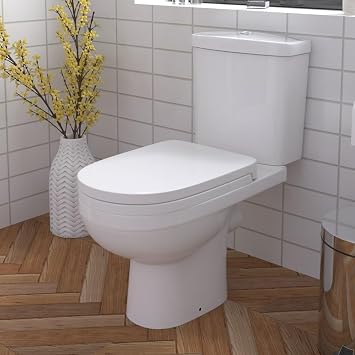 iBathUK Modern Bathroom Slimline Close Coupled D Shaped Pan Toilet with Cistern Short Seat WC Push Button Flush White - Sleek