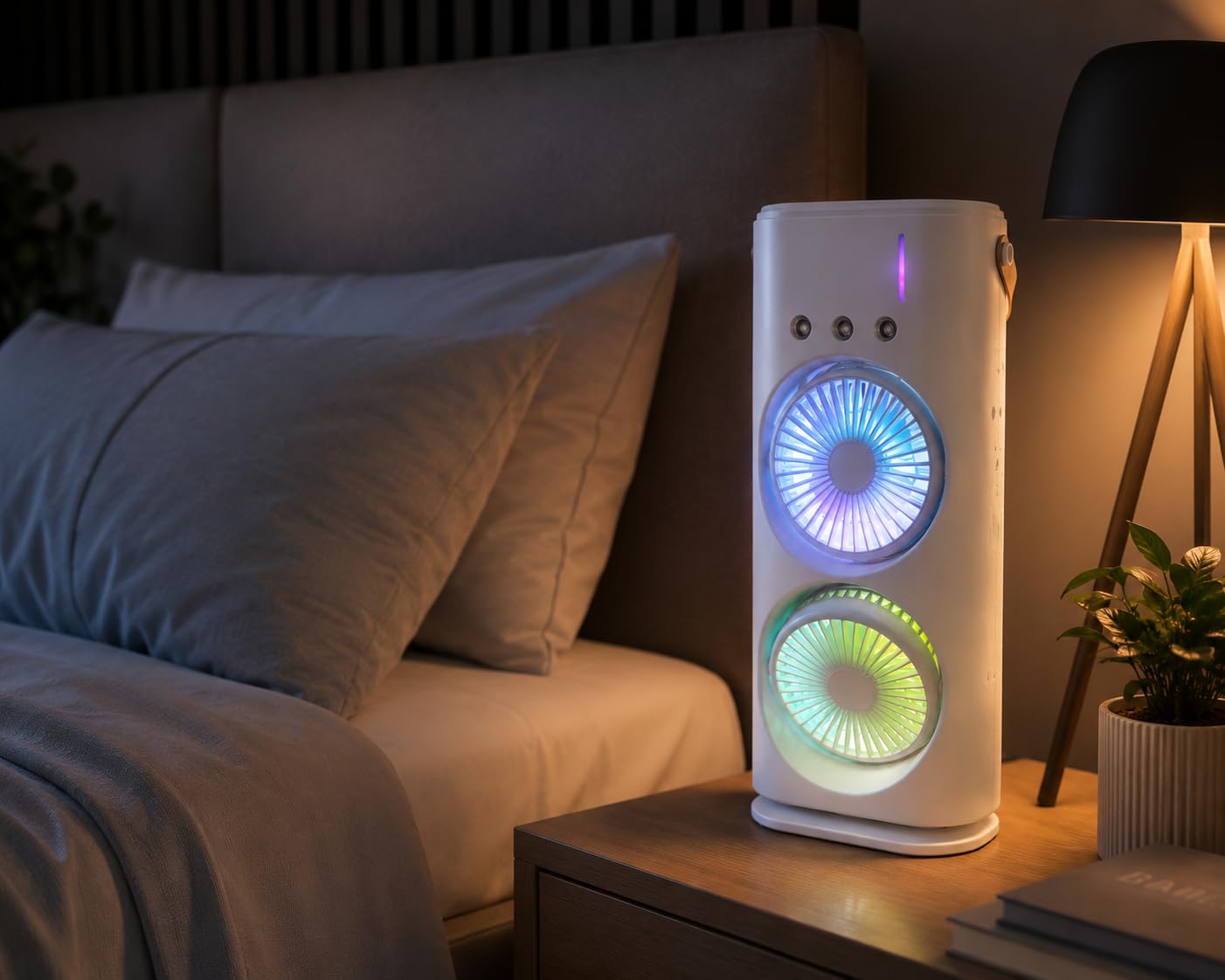 Przenośny chłodnica z podwójnym wentylatorem, mgiełką wodną i oświetleniem RGB, mini klimatyzator USB na stół, cichy wentylator ze zbiornikiem wody, do biura, sypialni i domu
