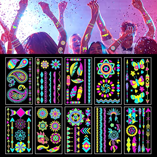 Glow In The Dark Tattoo For Kids，Party Supplies Uv Neon Tattoo Stickers Rave Festival Accessories Face Body Paint Makeup Waterproof Blacklight Temporary Tattoos For Adults Woman Man #TOP9