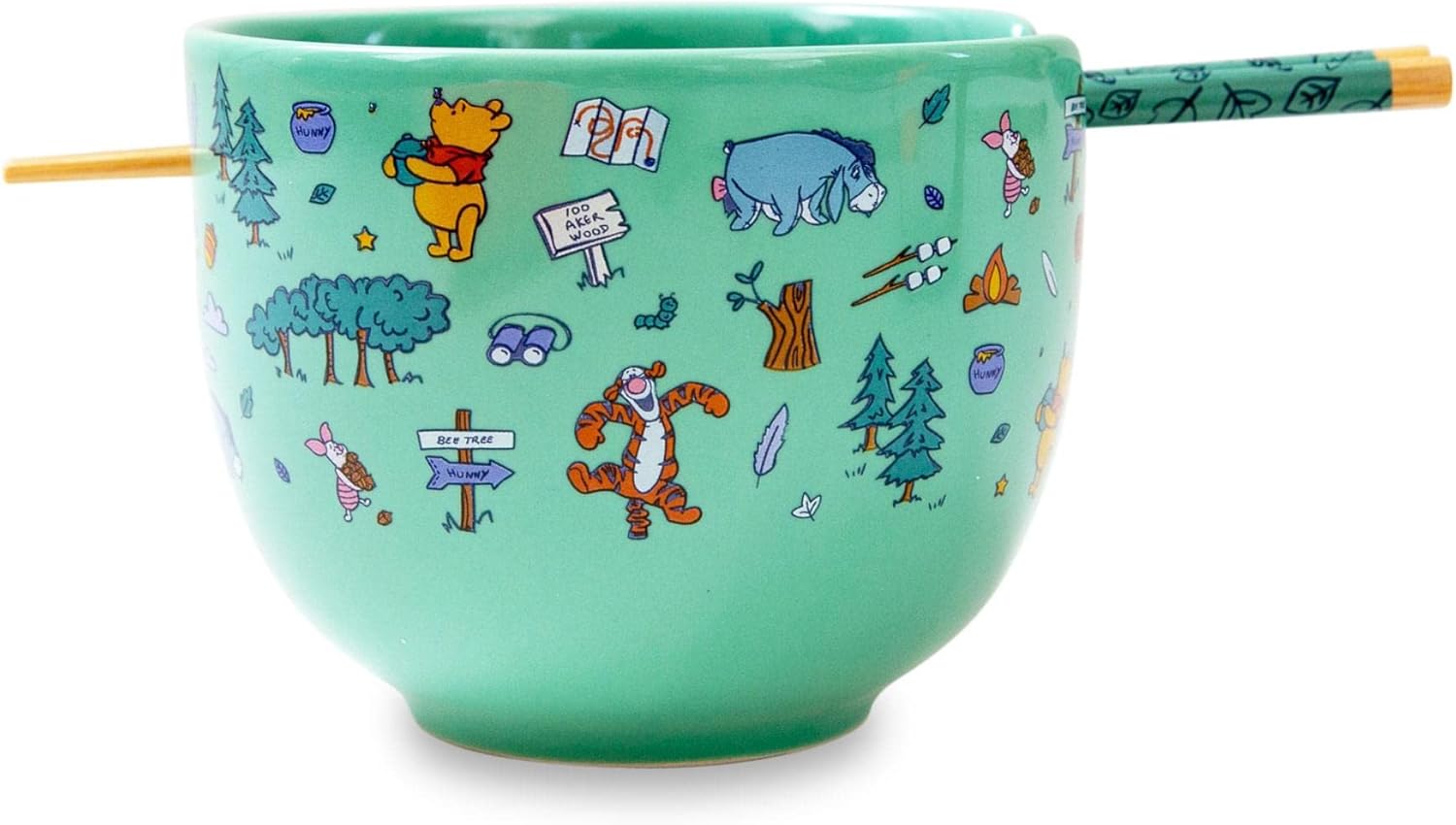Toynk Disney Winnie the Pooh Allover Icons Ceramic Dinnerware Set | Includes 20-Ounce Ramen Noodle Bowl and Wooden Chopsticks