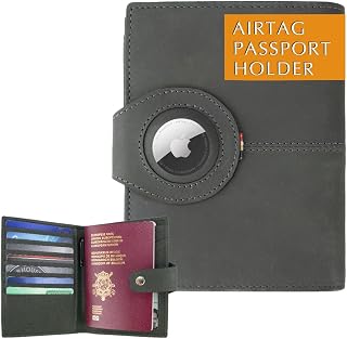 Passport Holder with AirTag, Passport Wallet with RFID, Travel Accessories, Travel Document Holder with ID Window, Leather Passport Holder for 7 Cards, Carbon Black