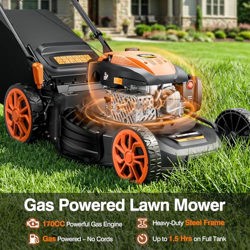 21” Self Propelled Lawn Mower Gas, 170CC 4-in-1 Mulch/Rear Bag/Side Discharge/Rear Discharge, Walk-Behind Gas Lawnmower with 7-Position Cutting Height, Foldable Gas Powered Lawn Mowers for Yard Garden