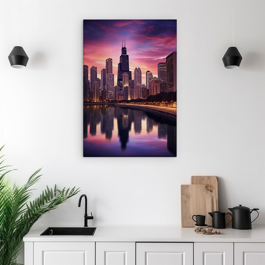 Canvas for Living room. Captivating Chicago Sunset Embraces the Sky in Hues of Pink and Purple, 27 x 18 inch Canvas Wall Art - Ready to Hang - 69x46 cm (27x18 inch)
