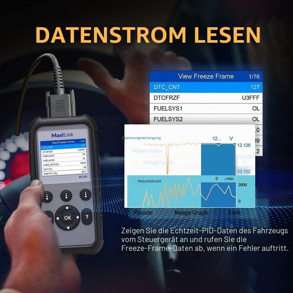 Autel ML629 OBD2-Diagnosegerät Kfz-Auslesegerät alle OBDII Dieselmotor Benzinmotor, Airbag Antiblockiersystem Motor Getriebe System Tiefe Diagnose, 14 Sprache Deutsche inkl. | Mechanic Full OBDII Code Reader w/DTC Lookup AutoVIN, OBD2 Live Data, Up of AL6